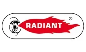 Logo radiante a forma di fiamma rossa con icona nera su sfondo bianco.