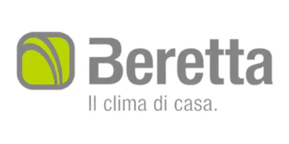 Beretta logo with green icon and gray text, plus slogan “Il clima di casa.”