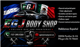 EGJ Body Shop ad banner with Mexican and US flags, car icons, phone numbers, and business address on black background