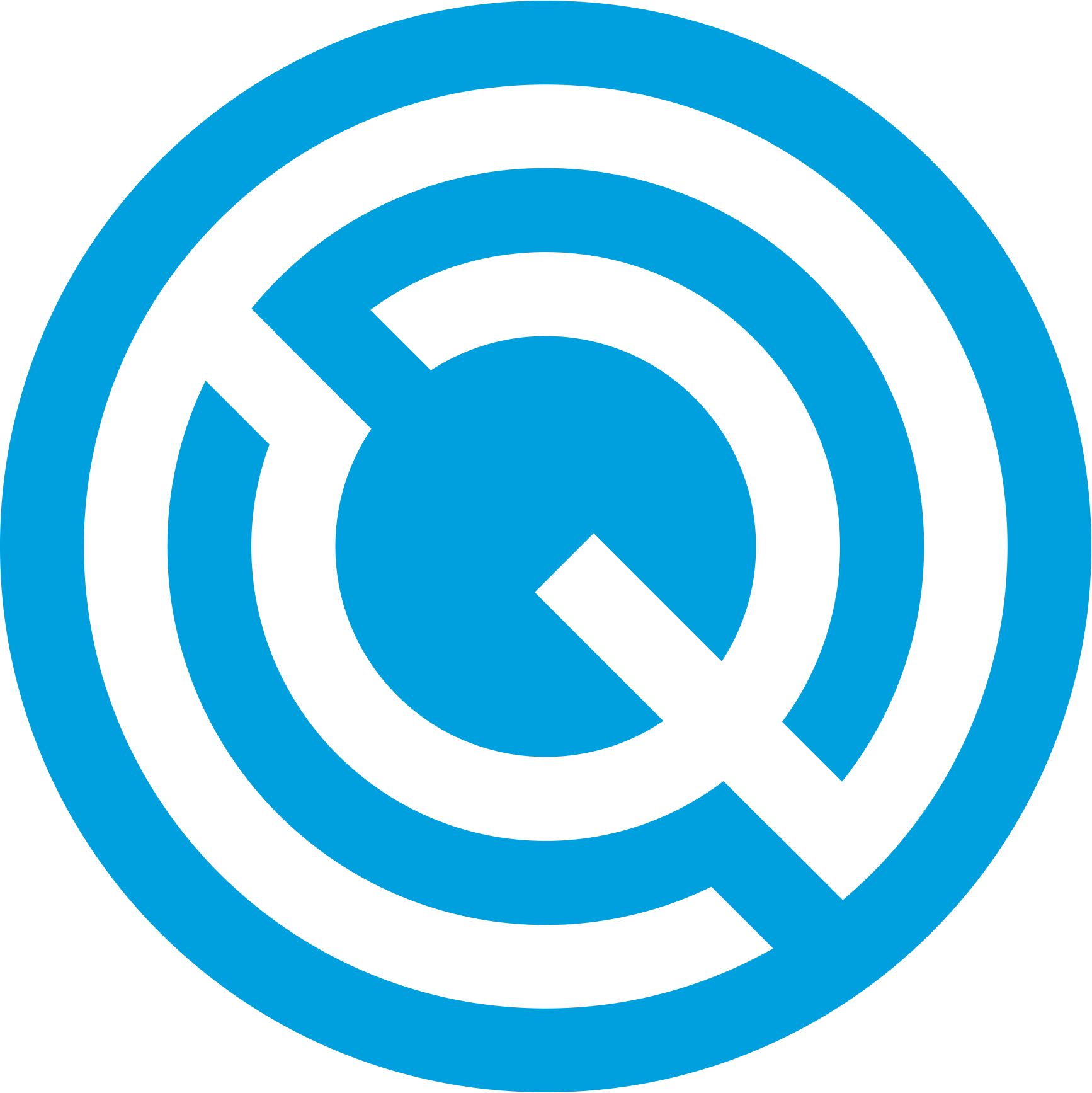 A blue and white circle with the letter q in the center