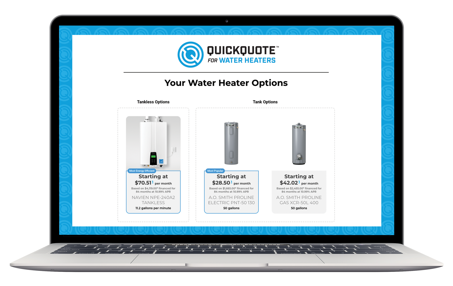 A laptop computer is open to a QuickQuote for Water Heaters results.