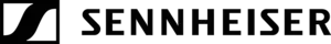 Sennheiser-Logo in Schwarz-Wei&szlig;, mit stilisiertem Symbol und markantem Markennamen.