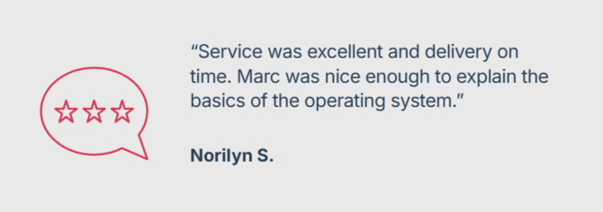 A red three-star rating icon next to a testimonial from Norilyn S. praising excellent service and delivery.
