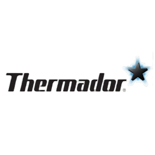 The Thermador logo, featuring the brand name in a bold, black sans-serif font next to a blue-glowing, five-pointed star.