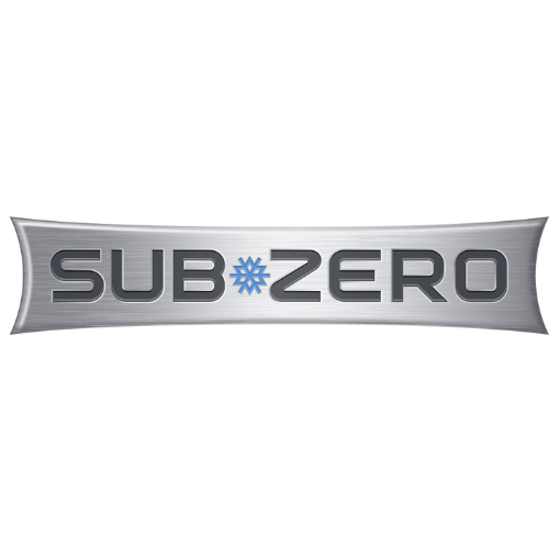 The metallic Sub-Zero logo with a blue snowflake icon between the words on a brushed silver, curved background.