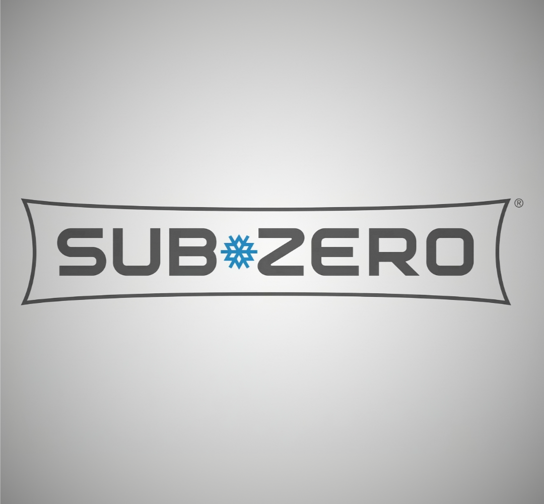 A Sub-Zero logo with dark gray text, a blue snowflake icon, and a decorative banner shape on a light gray background.