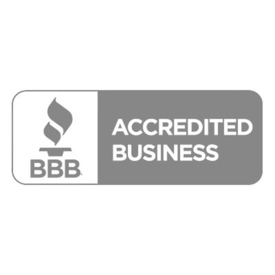 Grey rectangular BBB Accredited Business logo featuring the torch-and-flame icon and text on a white background.