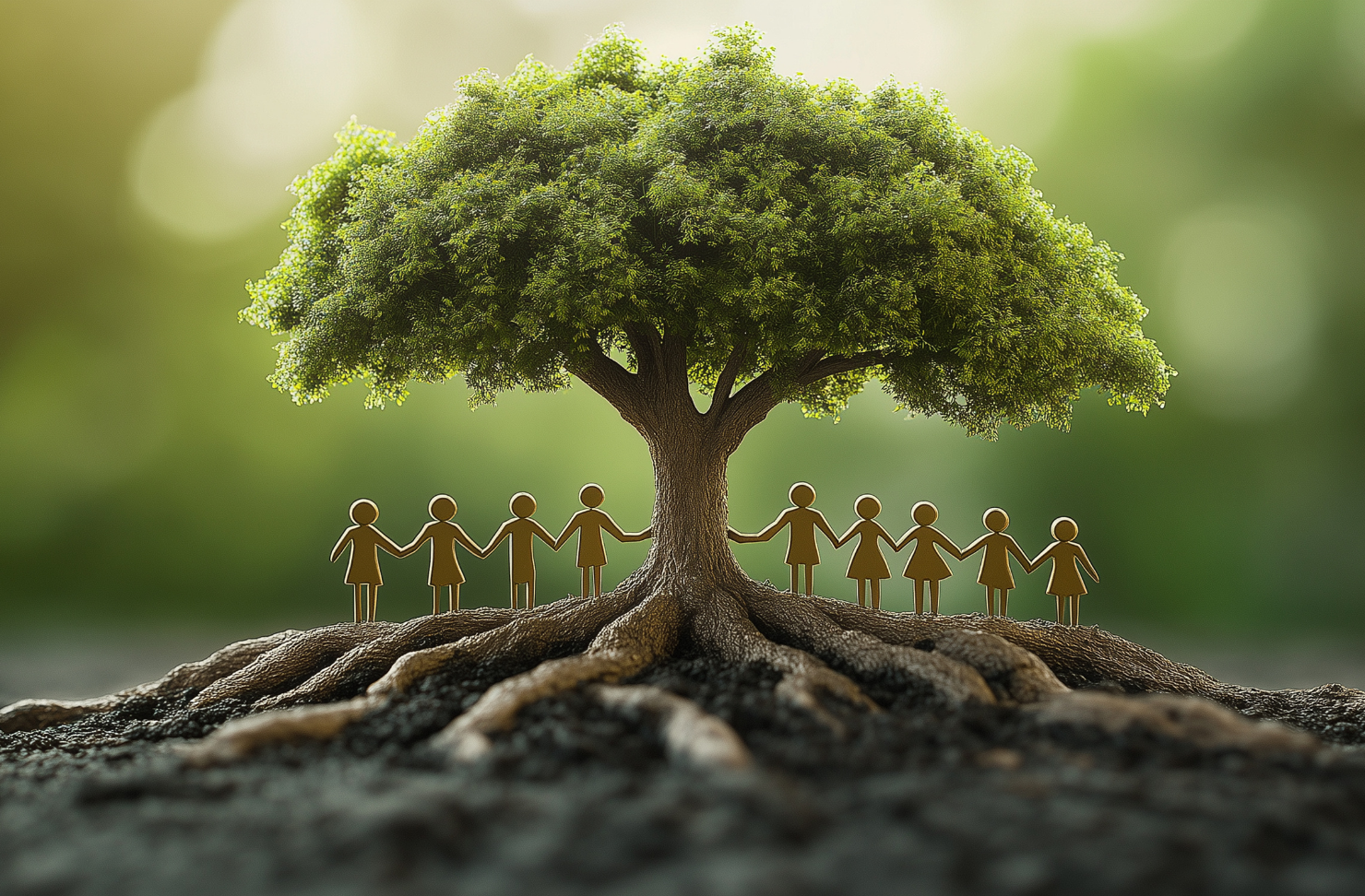Illustration of a tree with deep roots and people holding hands, symbolizing PRMG's culture of growth and community