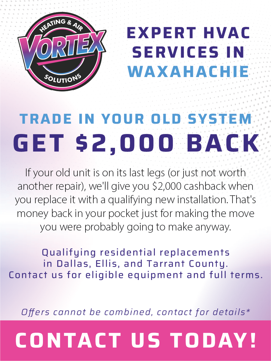 Purple HVAC service ad with logo, “Get $2,000 back” trade-in offer, and “Contact Us Today” banner