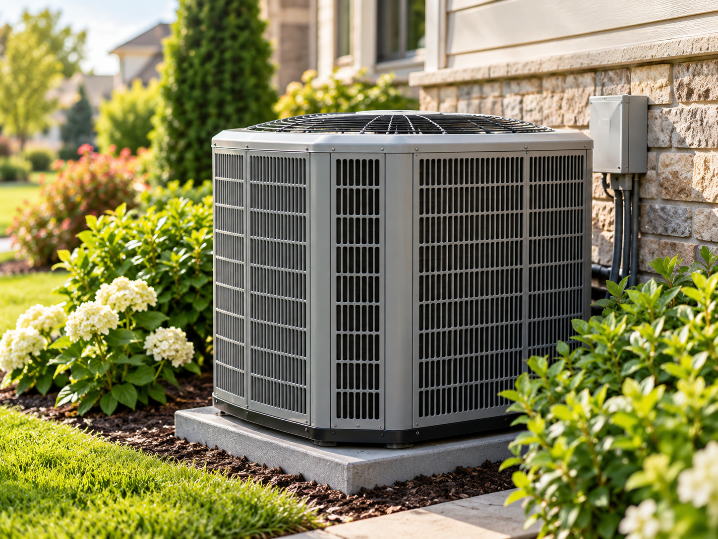 HVAC technician inspecting an air conditioning unit outside a brick building.