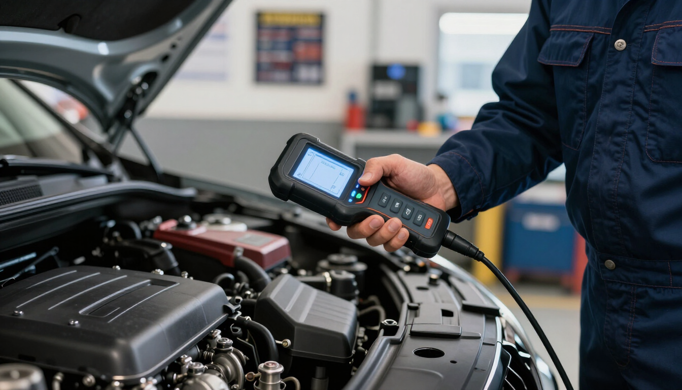 Mechanic using diagnostic tool on a modern car engine