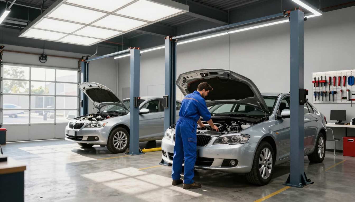 Modern auto repair shop interior with clean bays