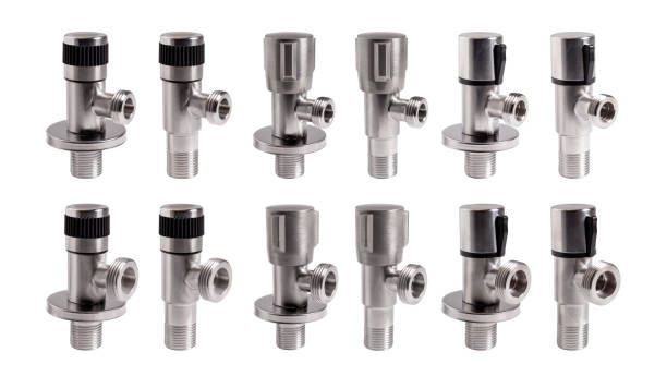 Ten silver angle stop valves arranged in two rows.