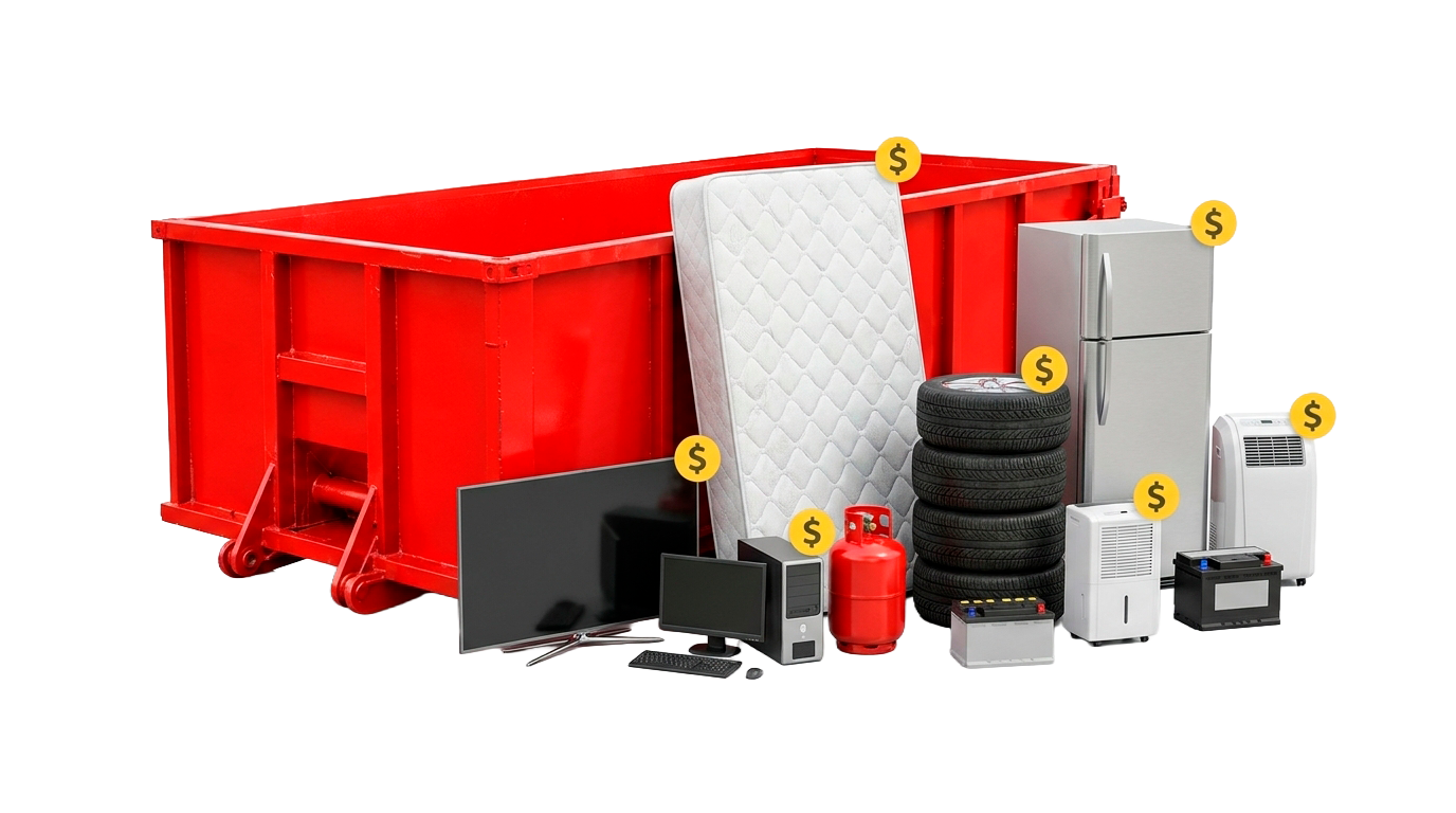 Red industrial dumpster with assorted waste and recycling bins, tires, and scrap materials.