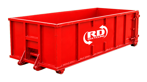 Red metal industrial dumpster with white logo on a white background