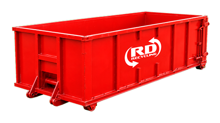 Red metal construction dumpster on a white background with RD Recycling logo