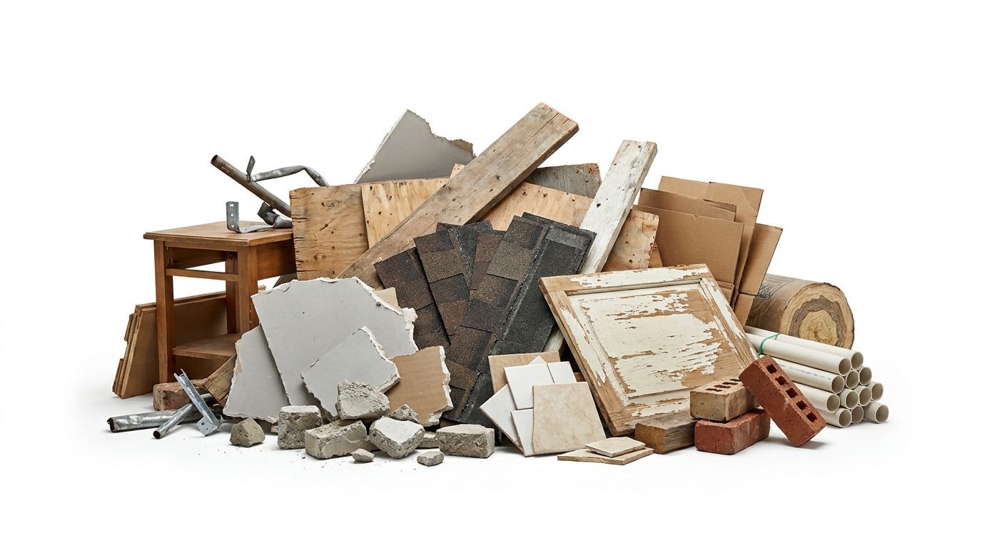 Pile of assorted construction debris and scrap materials, including wood, tiles, and bricks, on a white background