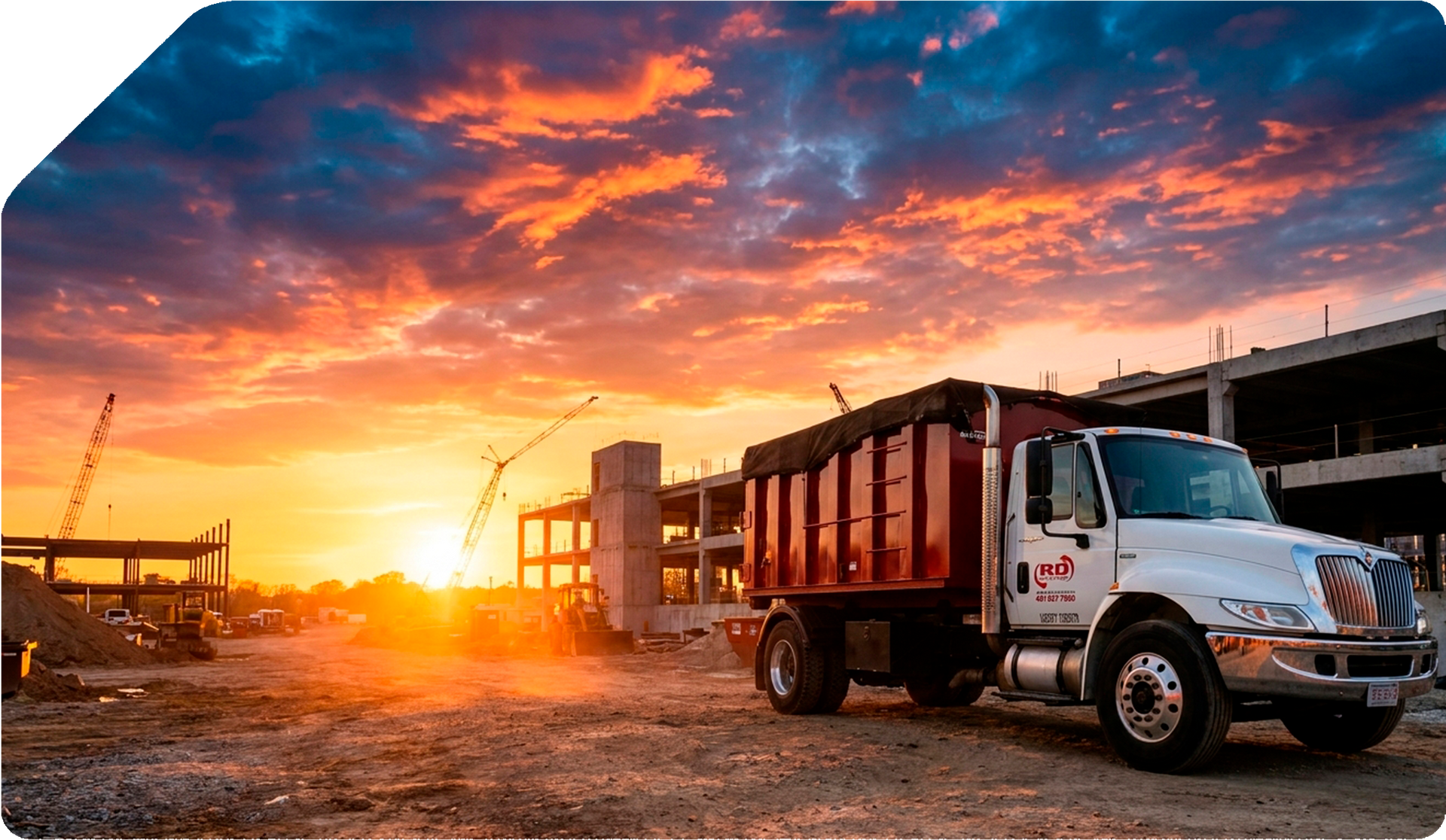 Dump truck at sunset on a construction site with orange sky and reflective road
