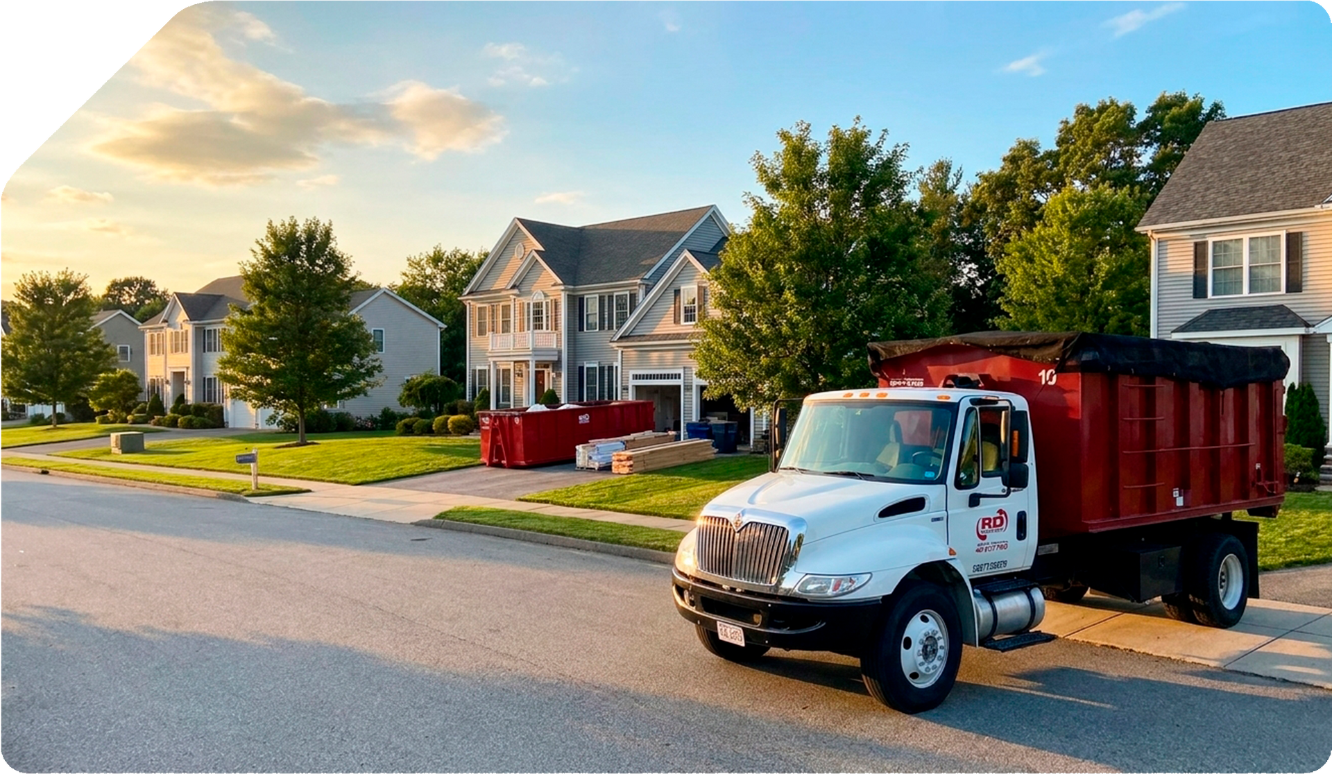 White dump truck parked on a suburban street with houses and trees at sunset