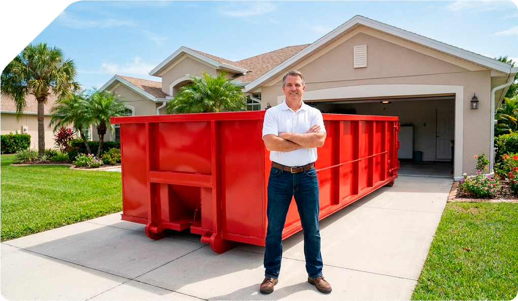Man standing beside a large red dumpster in a suburban driveway.