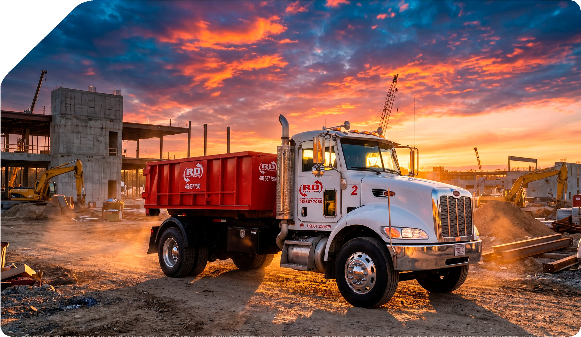 Dump truck at sunset on a dusty industrial site, with dramatic orange clouds overhead