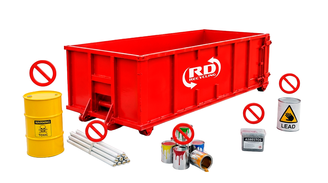 Red dumpster with assorted hazardous waste items marked by no-symbol icons