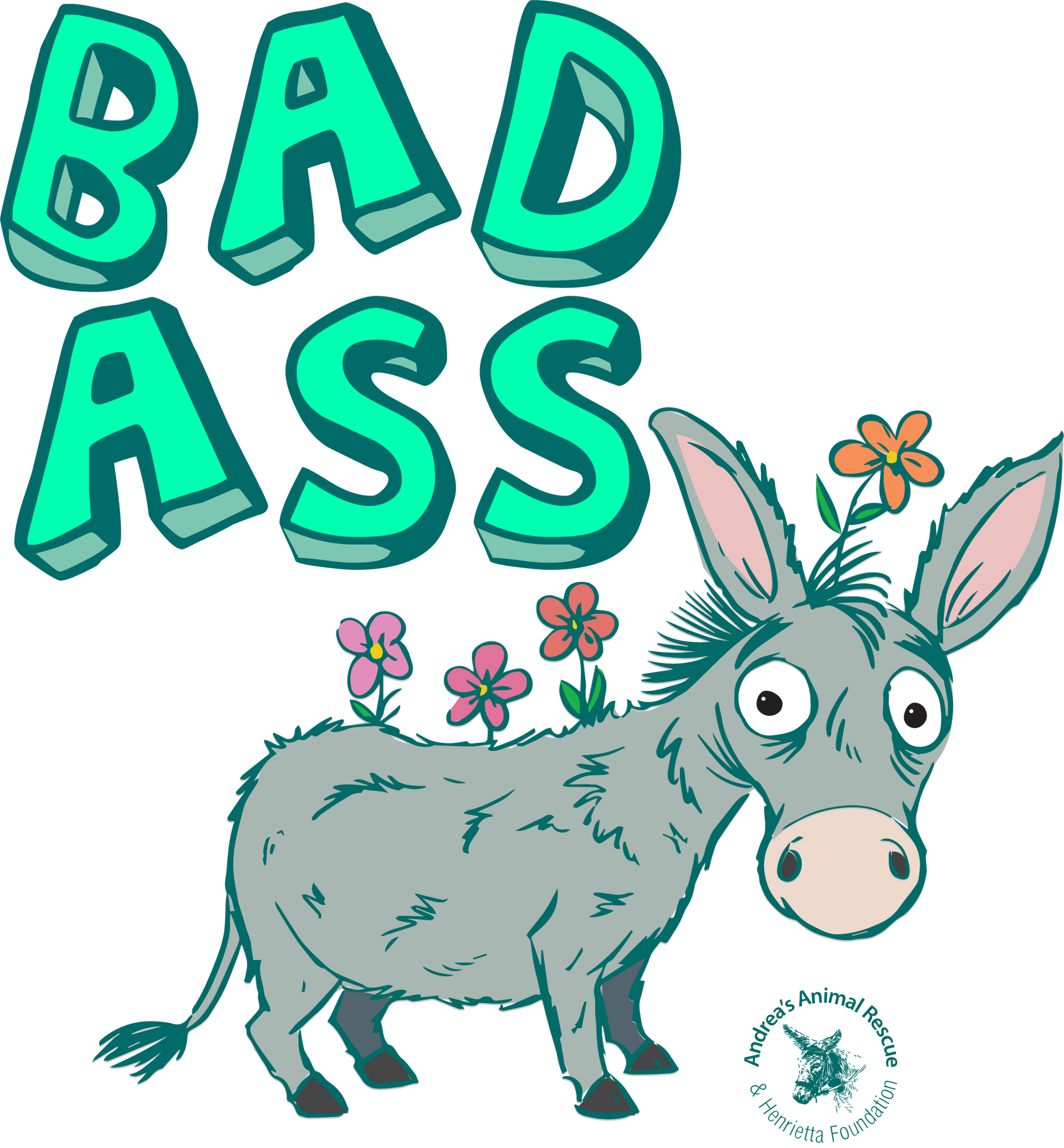 Grey donkey with flowers, text