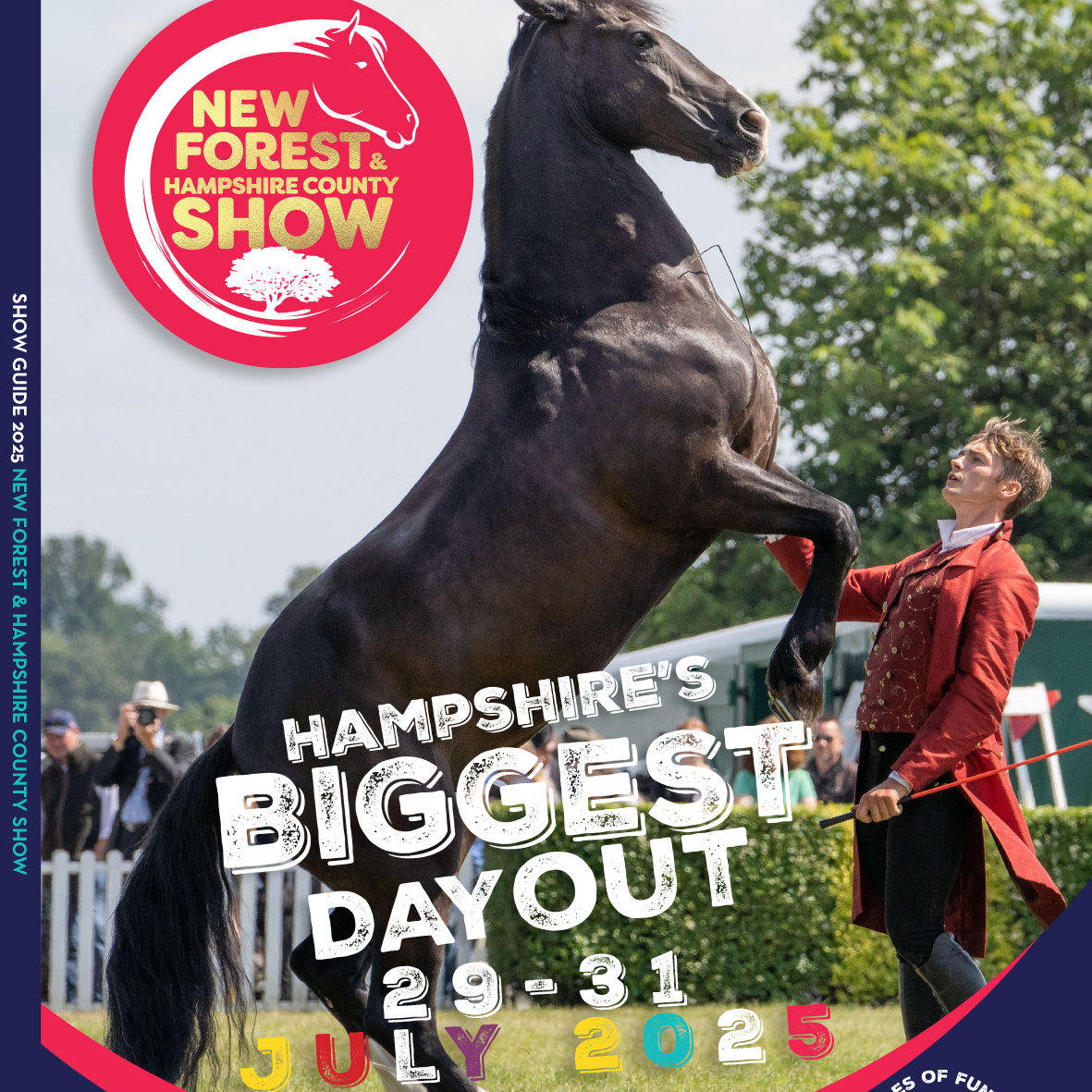 A rearing black horse and handler in a show, promoting the New Forest Hampshire County Show in July 2025.