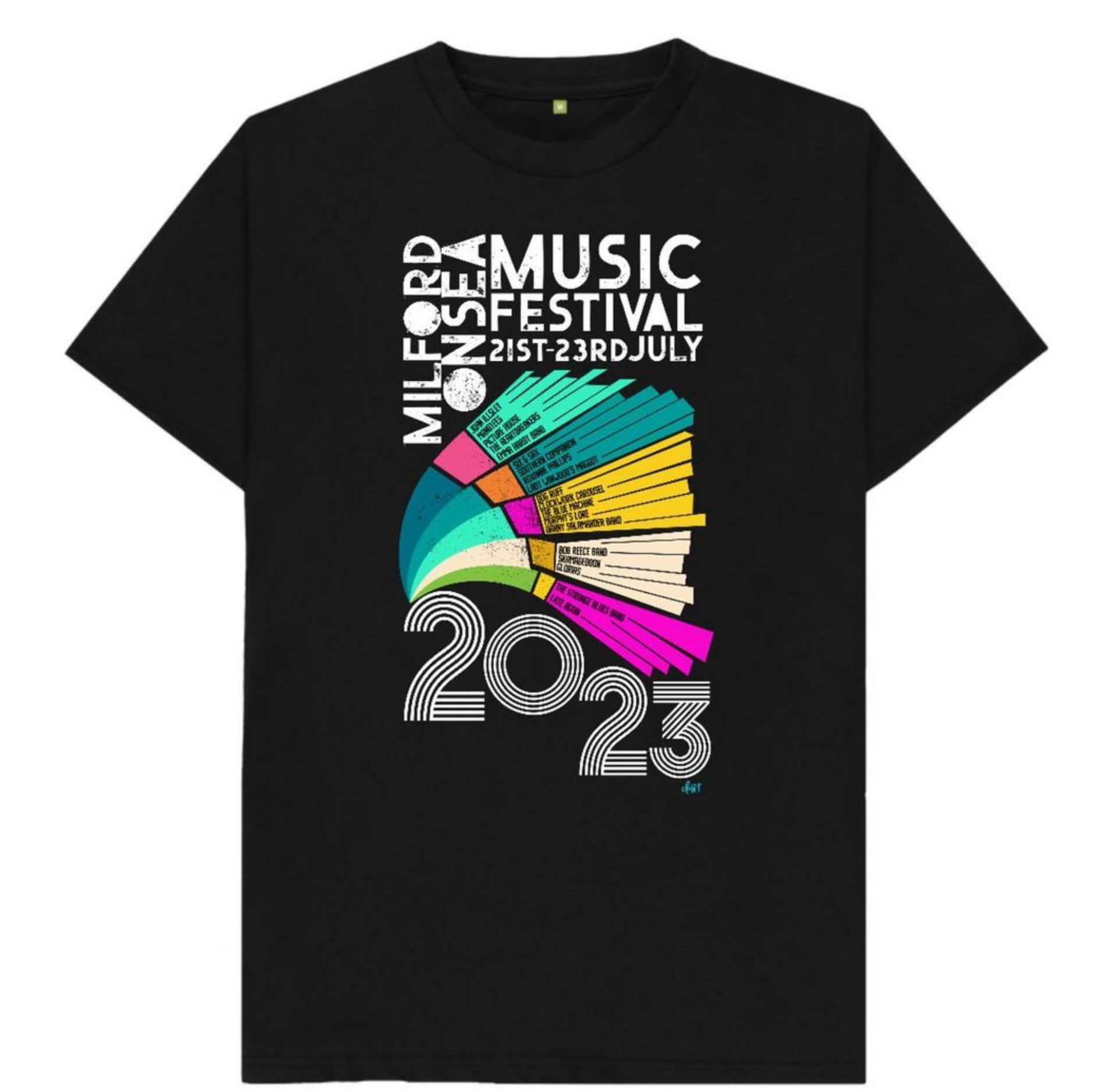 Black t-shirt with music festival graphic: colorful fan design, white text 
