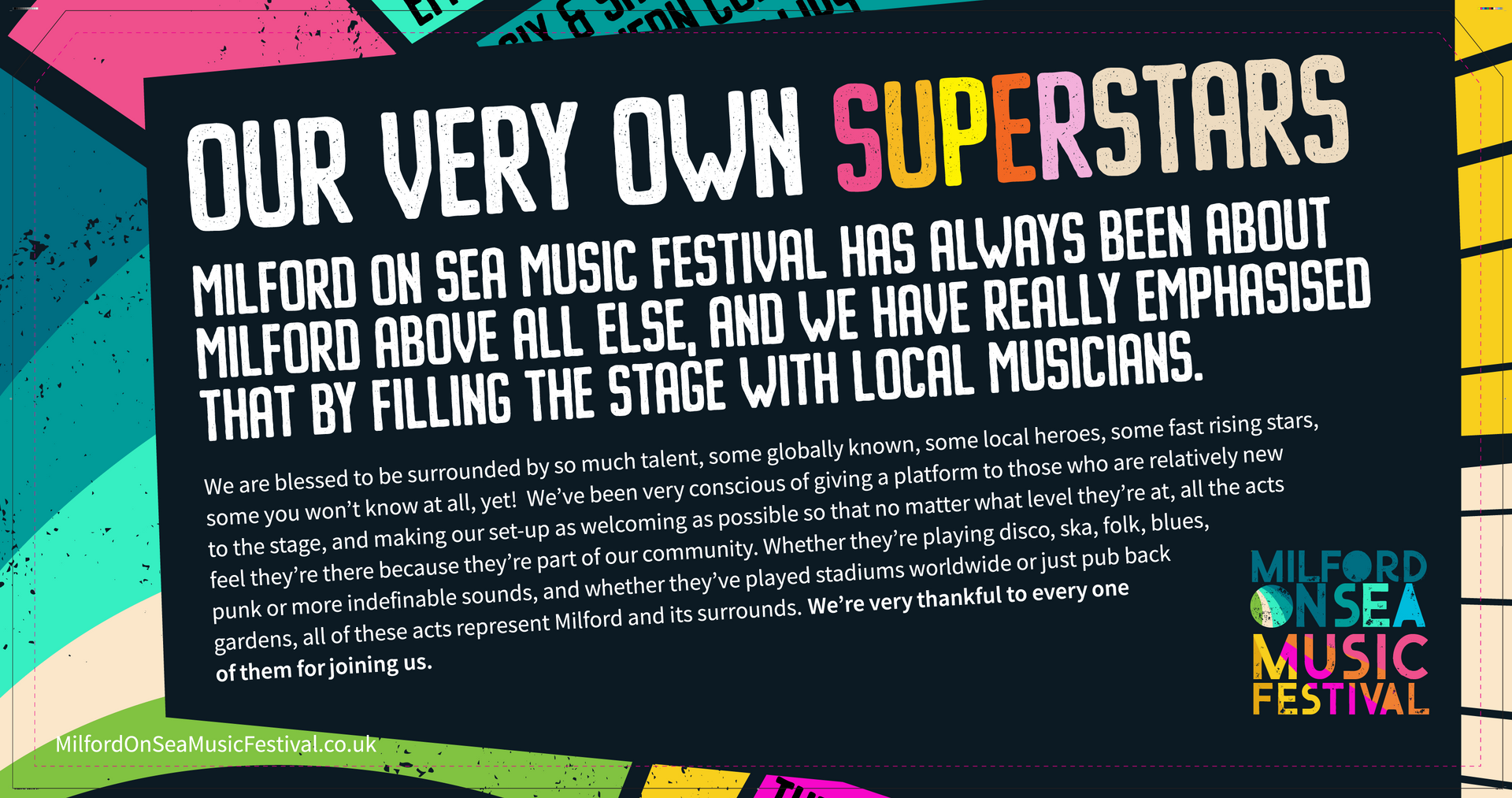 Text on a colorful background promoting Milford on Sea Music Festival, emphasizing local musicians.