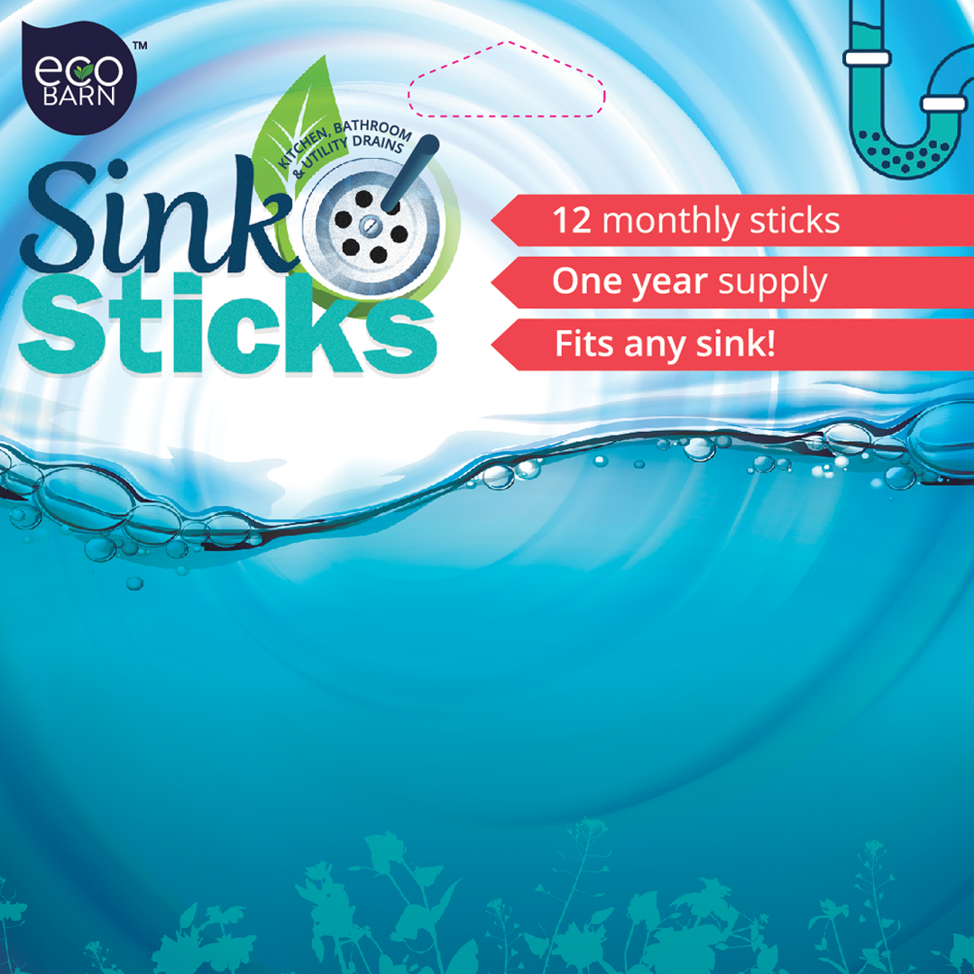 Eco-friendly sink cleaning product with text “Sink Sticks” and “12 monthly sticks.” Blue water background.