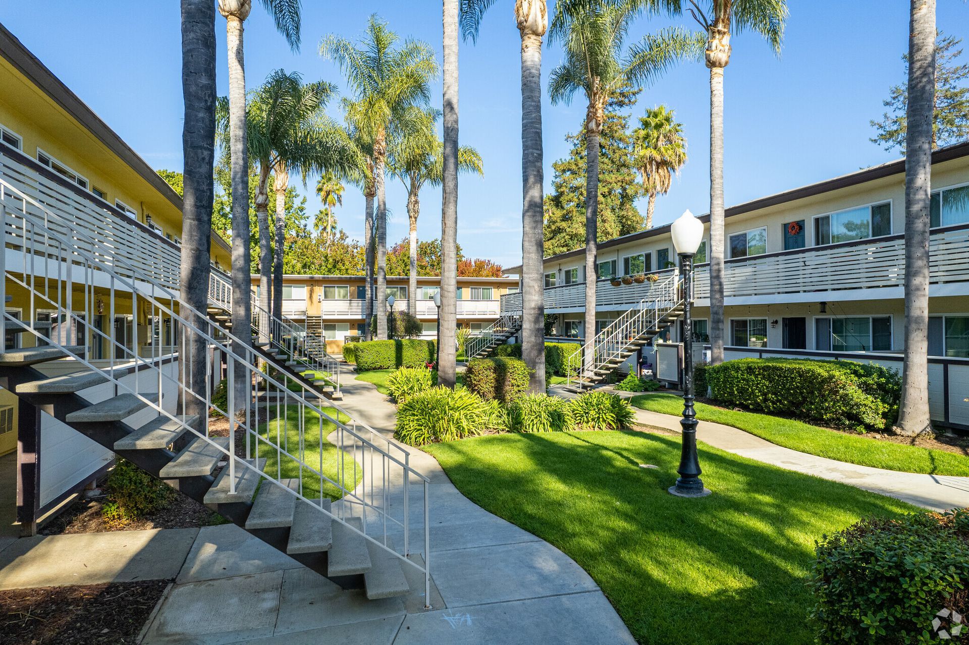 A staircase leading up to a building with palm trees in the background