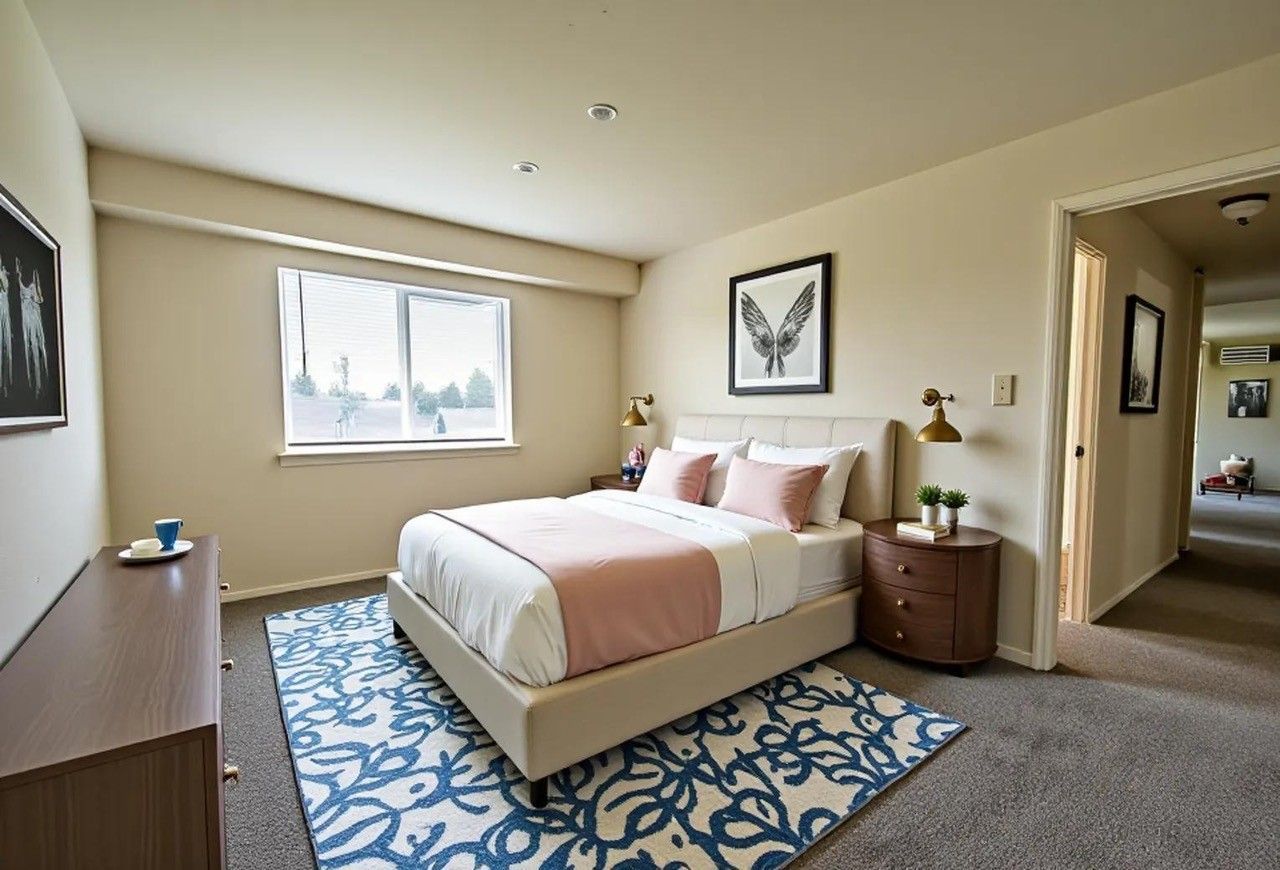 Modern bedroom with queen bed, blue patterned rug, dresser, and window light