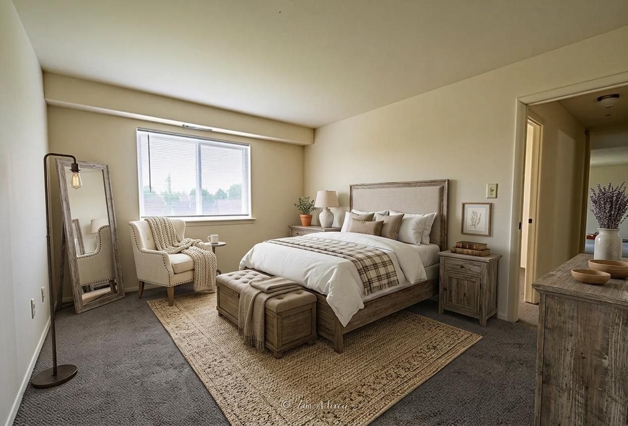 Bright beige bedroom with a bed, bench, armchair, mirror, and dresser near a window