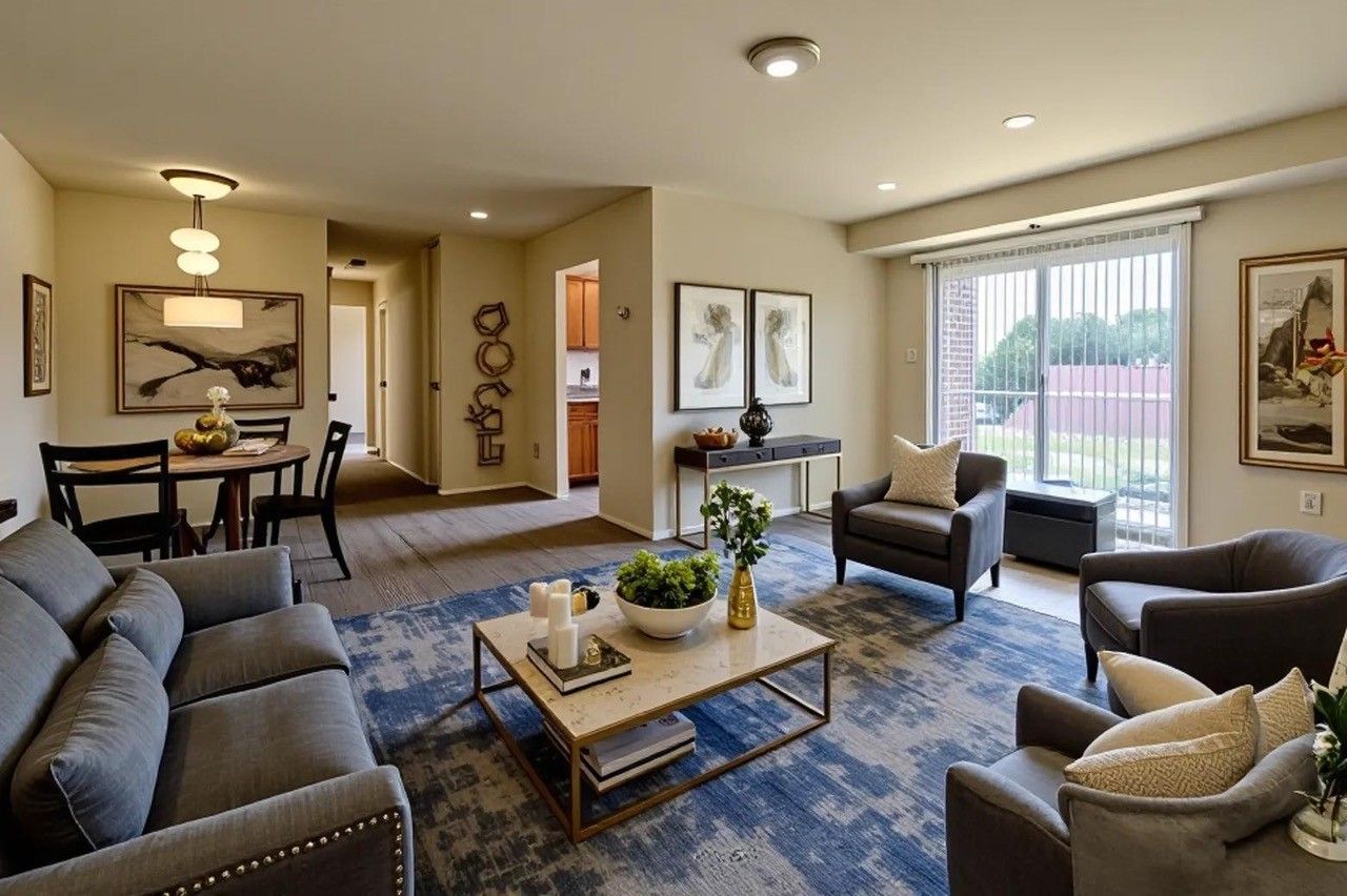 Modern living room with gray sofas, blue rug, coffee table, and large windows overlooking a yard