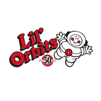 Lil’ Orbits logo with red text and a smiling white mascot holding a red dot