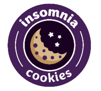 Purple circular Insomnia Cookies logo with a crescent moon cookie and stars.