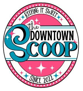 Logo for The Downtown Scoop in pink, teal, and white, with “Keeping it sweet” and “Since 2021”