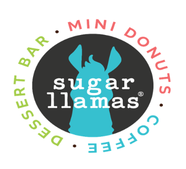 Sugar llamas dessert bar mini donuts coffee logo with teal llama and colorful circular text