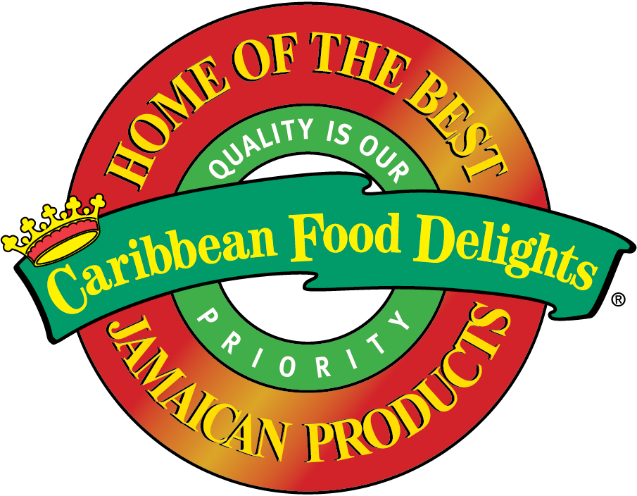 Caribbean Food Delights logo with red circular seal, green banner, and yellow text reading “Jamaican Products”