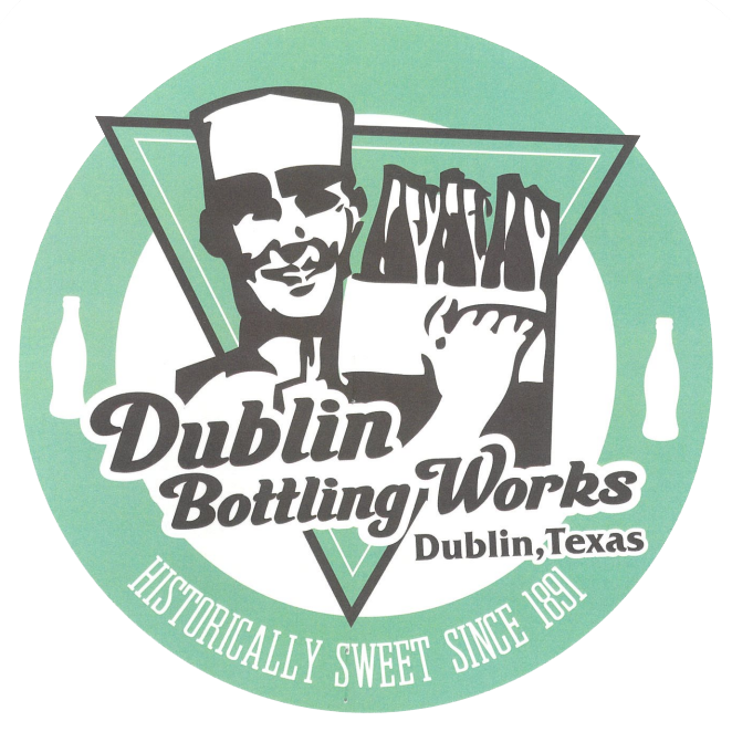 Dublin Bottling Works logo with soda bottles, bottleman illustration, and “Dublin, Texas” text in green and white
