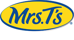Mrs. T's logo in blue script on a yellow oval with a blue outline