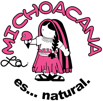 Michoacana logo with a girl holding a pink ice cream cone and the words “es… natural.”