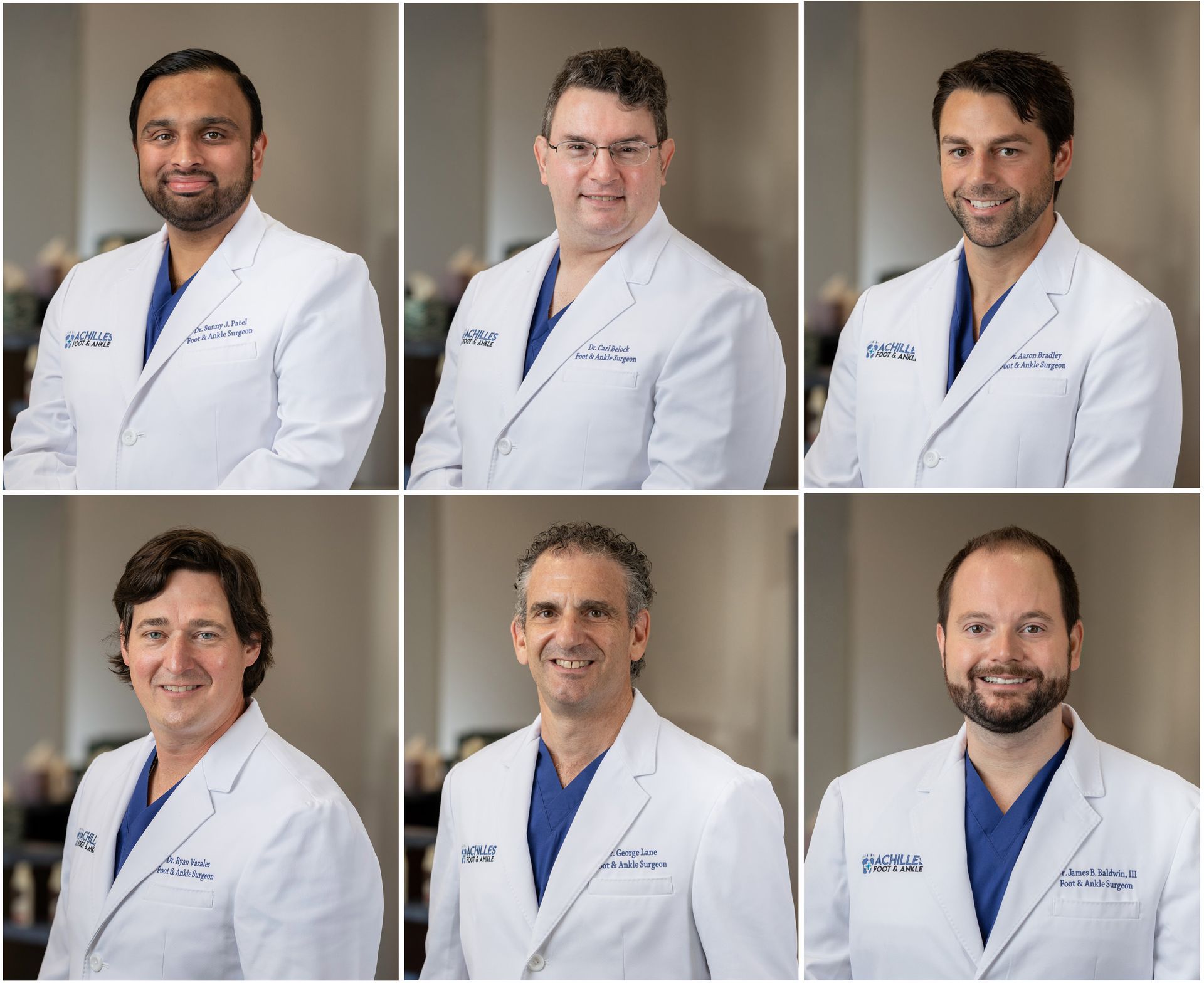 A collage of six doctors wearing white coats and blue scrubs