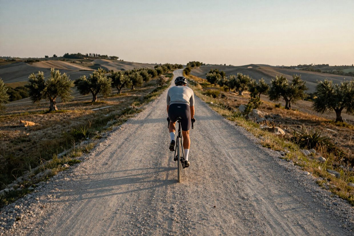 Ciclista su Scott gravel su strada aperta al tramonto