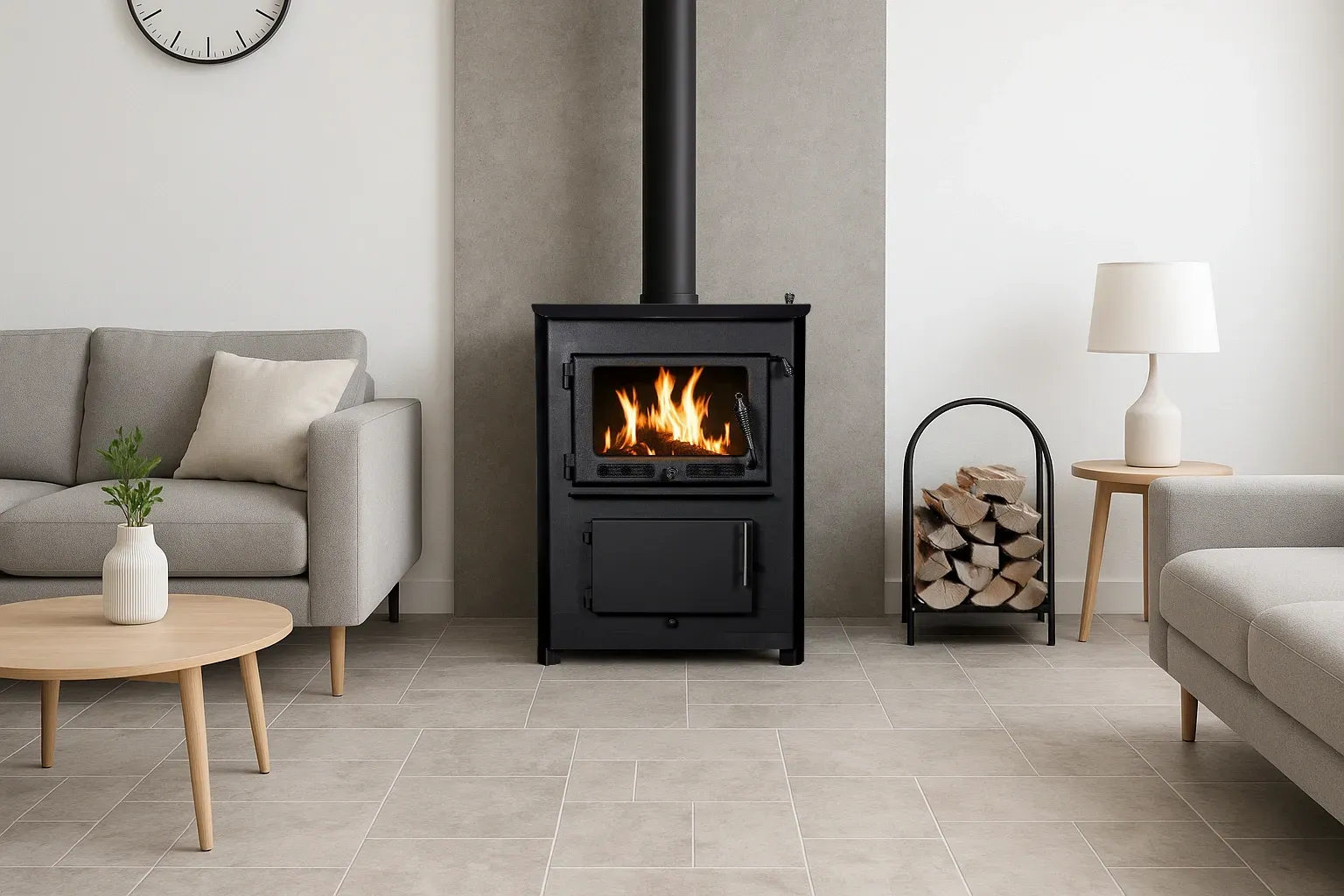 Living Room With a Lit Wood Stove, Grey Sofas, Pale Tile Floor, and Stacked Firewood — Complete Heating In Huntingfield, TAS