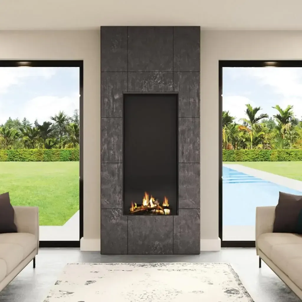Living Room With Central Fireplace and Windows Overlooking a Pool and Greenery — Complete Heating In Huntingfield, TAS