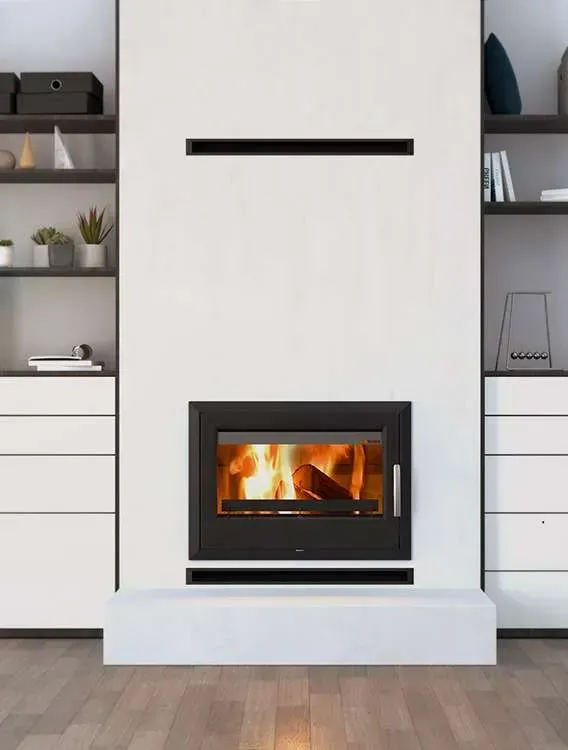 Living Room With Built-in Shelving and a Lit Black Fireplace Center — Complete Heating In Huntingfield, TAS