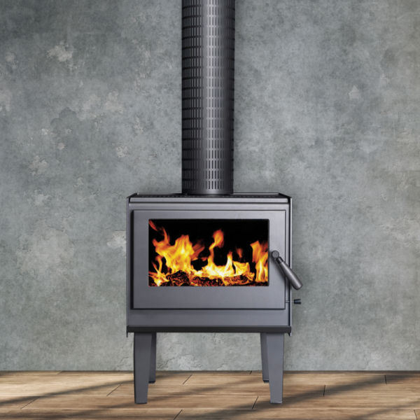 Black Wood-burning Stove With Visible Flames and a Stovepipe — Complete Heating In Huntingfield, TAS