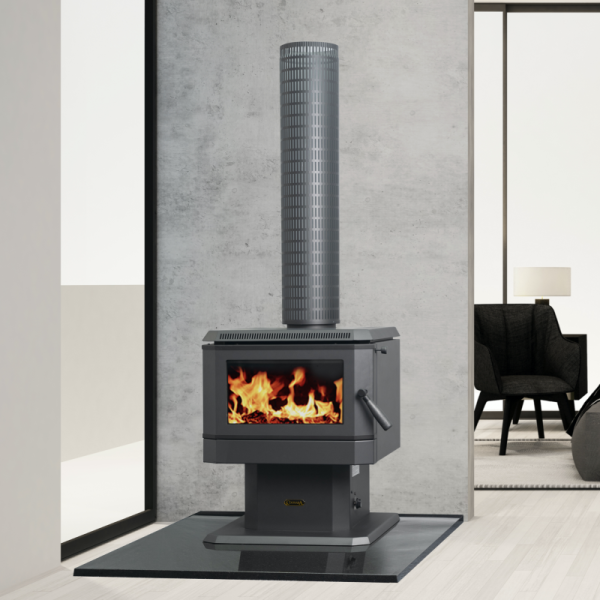 Modern Black Wood Stove With Visible Flames in a Minimalist Room — Complete Heating In Huntingfield, TAS